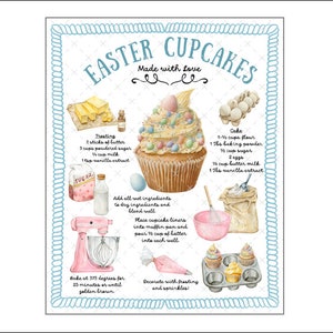 May include: A watercolor illustration of Easter cupcakes with a recipe for the cake and frosting. The image includes a pink stand mixer, a bowl of batter, a bag of flour, a bag of sugar, eggs, butter, vanilla extract, and a cupcake with pastel sprinkles and Easter eggs.