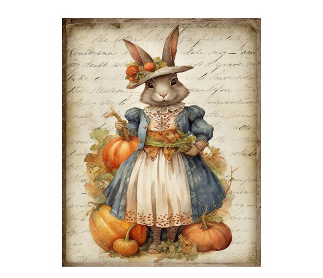DIGITAL ART, Fall Downloadable Prints, Rabbit Printable Art, Mockingbird Florals, Autumn Bunny Download, Vintage Bunny Fall, Rustic Bunnies