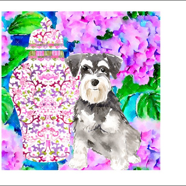 DIGITAL ART, 8X8 Print Download, Printable Art, Mockingbird Florals, 8X8 Chinoiserie Ginger Jar, Grandmillenial Digital Art, Schnauzer