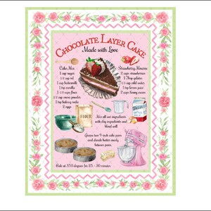 Pode incluir: Um cartão de receita ilustrado em rosa e verde para um bolo de chocolate em camadas com mousse de morango. A receita inclui os ingredientes e as instruções para o bolo e a mousse. O cartão apresenta uma ilustração de estilo vintage de uma fatia de bolo, uma tigela para misturar e uma batedeira de suporte.