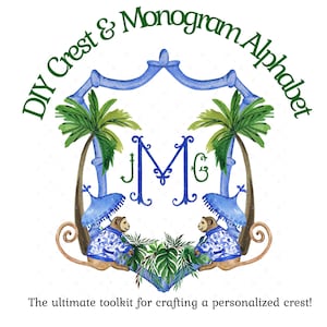 Könnte beinhalten: Aquarell-Design mit blauem Wappen, Palmen, Affen und den Buchstaben "JMG". Der Text "DIY Crest & Monogram Alphabet" wölbt sich über dem Wappen. Der Satz "The ultimate toolkit for crafting a personalized crest!" erscheint darunter.
