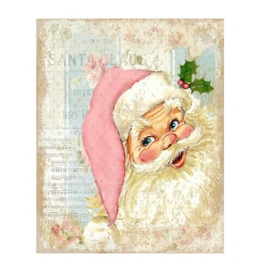 May include: Vintage Christmas illustration of Santa Claus with a pink hat and white beard. The image has a distressed background with musical notes and floral accents.