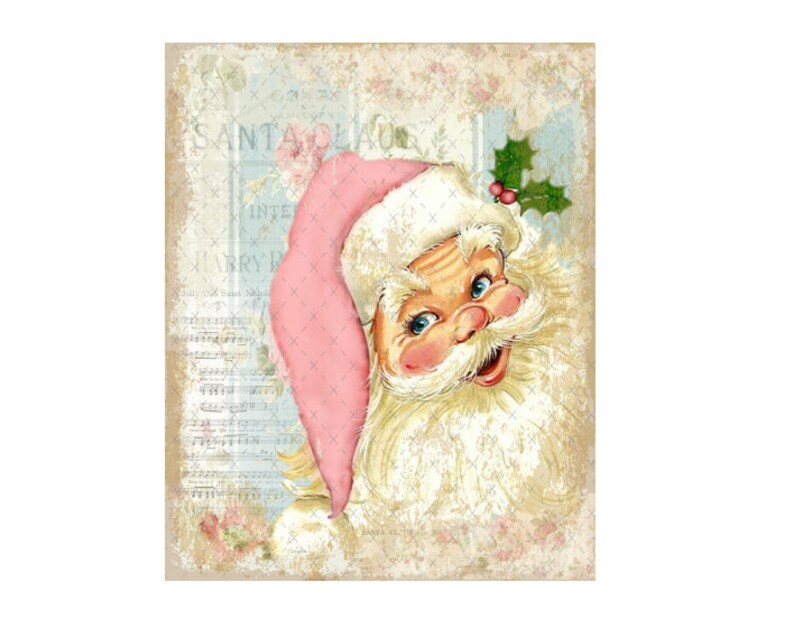 May include: Vintage Christmas illustration of Santa Claus with a pink hat and white beard. The image has a distressed background with musical notes and floral accents.