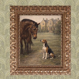 May include: A framed painting depicts a brown horse and a seated dog in a field, with a large house in the background. The ornate gold frame surrounds the pastoral scene, creating a classic aesthetic.