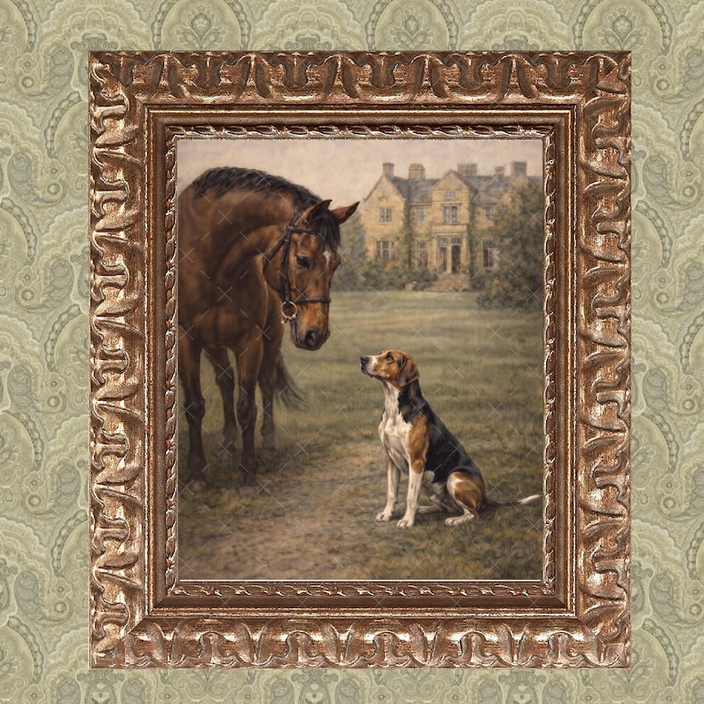 May include: A framed painting depicts a brown horse and a seated dog in a field, with a large house in the background. The ornate gold frame surrounds the pastoral scene, creating a classic aesthetic.