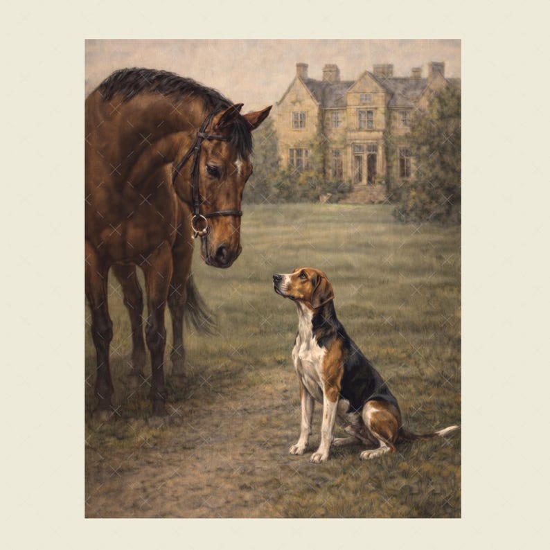May include: A detailed painting depicts a brown horse with a bridle and a seated dog with brown, black, and white markings. The dog gazes up at the horse. A large house is in the background, set in a grassy field.