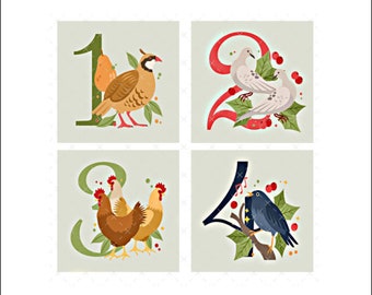 DIGITALE PRINT, 3" x 3" individuele vierkante download, Twelve Days of Christmas digitaal, Mockingbird bloemen, 12-Days of Christmas digitaal,