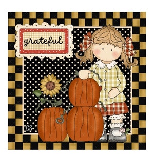 DIGITAL ART, Fall Print, Mary Engelbreit Inspired, Mockingbird Florals, Blessed Print, Autumn Print, Whimsical Print, Grateful Fall Print