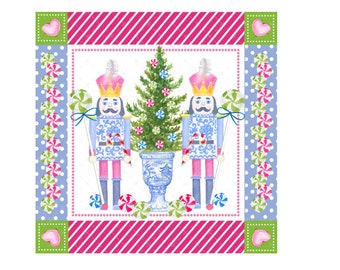 May include: Two blue and white nutcracker figurines stand on either side of a green Christmas tree decorated with candy canes and peppermint swirls. The tree is in a blue and white porcelain planter. The background is a pink and white striped pattern with a green and white polka dot border.