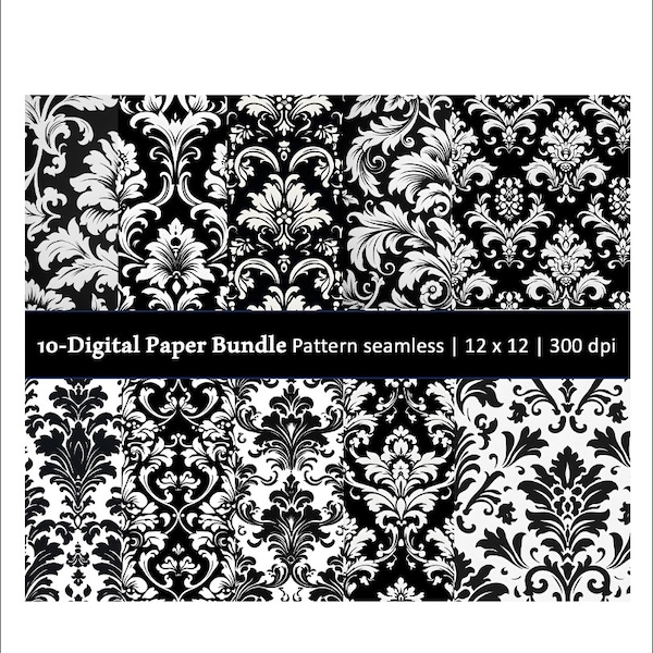 DECOUPAGE DIGITAL BUNDLE, 12 X 12 Digital Papers, Mockingbird Florals, Black and White Damask Digital, Downloadable Damask Paper, jpg files