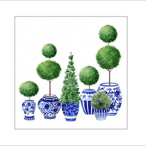 May include: A collection of seven blue and white ceramic planters with green topiary trees. The planters feature a traditional Chinese design with blue floral patterns and white accents.