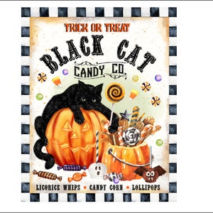 DIGITAL ART, 8X10 Print Download, Halloween Digital, Mockingbird Florals, Black Cat, Halloween Candy, Trick or Treat