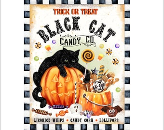 DIGITAL ART, 8X10 Print Download, Halloween Digital, Mockingbird Florals, Black Cat, Halloween Candy, Trick or Treat