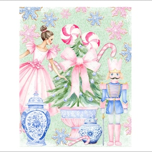 May include: A watercolor illustration of a Christmas scene with a ballerina, a nutcracker, a Christmas tree, and candy canes. The ballerina is wearing a pink dress and is holding a candy cane. The nutcracker is wearing a blue and red uniform and is holding a sword. The Christmas tree is decorated with pink ribbons and candy canes. The background is a light green color with snowflakes.