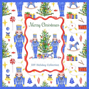 以下が含まれることがあります： 青いくるみ割り人形、クリスマスツリー、包装されたギフト、ロッキングホースを特徴とするお祝いの水彩パターン。「Merry Christmas」と「DIY Holiday Collection」の文字が赤い枠内に表示されています。