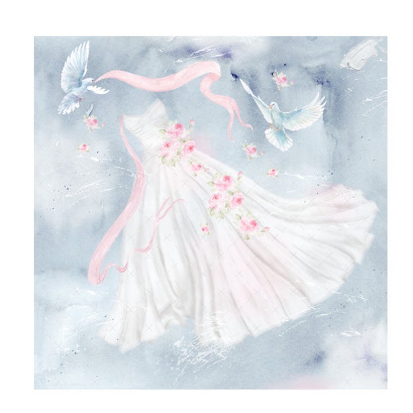 DIGITAL ART, 12 x 12 Wedding Dress Download, Shabby Chic Wedding Digital, French Printable Art, Mockingbird Florals, Bride Digital Art