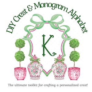 May include: A watercolor design featuring a green ribbon, a pink and green crest with the letter "K", two topiary trees, and two decorative vases. The text "DIY Crest & Monogram Alphabet" arches above the design. Below, the text reads "The ultimate toolkit for crafting a personalized crest!"