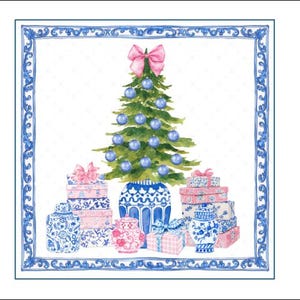 DIGITAL ART, 8X8 Chinoiserie Download, Mockingbird Florals, Chinoiserie Christmas Tree Digital Printable Art, Grandmillennial, Preppy