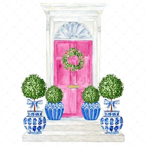 K&ouml;nnte beinhalten: Aquarell-Illustration einer leuchtend pinkfarbenen T&uuml;r mit wei&szlig;em Rahmen und einem Blumengirlande. Zwei Topiaries in blau-wei&szlig; gemusterten T&ouml;pfen flankieren die T&uuml;r, mit zwei weiteren an den Seiten. Jedes Topiary hat eine blaue Schleife.