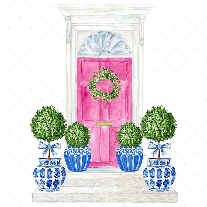 K&ouml;nnte beinhalten: Aquarell-Illustration einer leuchtend pinkfarbenen T&uuml;r mit wei&szlig;em Rahmen und einem Blumengirlande. Zwei Topiaries in blau-wei&szlig; gemusterten T&ouml;pfen flankieren die T&uuml;r, mit zwei weiteren an den Seiten. Jedes Topiary hat eine blaue Schleife.