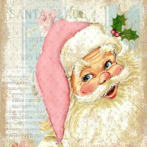 May include: A vintage illustration of Santa Claus with a pink hat and white beard. The background is a faded blue and white with musical notes and the words "Santa Claus".