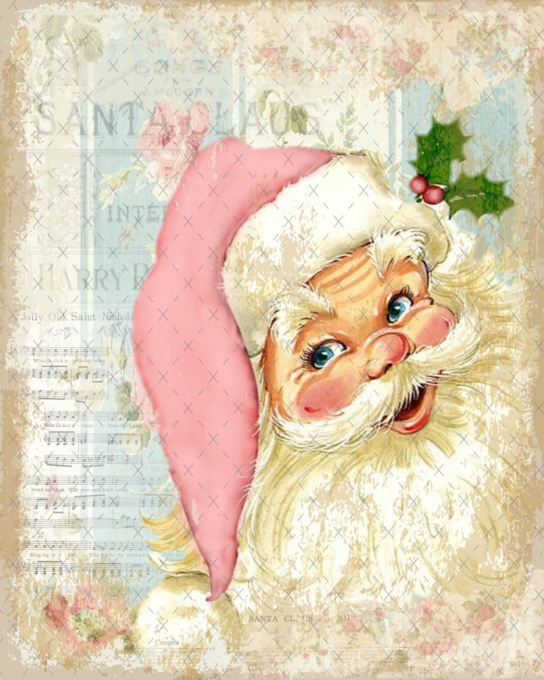 May include: A vintage illustration of Santa Claus with a pink hat and white beard. The background is a faded blue and white with musical notes and the words "Santa Claus".