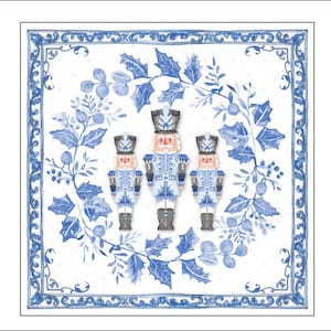 May include: Three blue and white nutcracker figurines stand in a row against a white background with a blue and white floral design. The nutcrackers are wearing blue and white uniforms and have white hats.