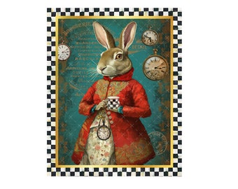 DIGITAL PRINT, 8X10 Downloadable Art, Steampunk Alice in Wonderland Digital, Mockingbird Florals, Steampunk French Rabbit, Rabbit Art