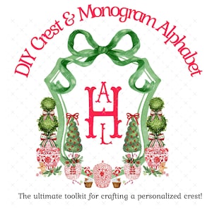Może przedstawiać: Dekoracyjny wzór herbu z zieloną kokardą i ramką, z czerwonym monogramem "HAL". Projekt zawiera choinki, topiary i doniczki z czerwono-białym wzorem. Tekst brzmi "DIY Crest & Monogram Alphabet" i "The ultimate toolkit for crafting a personalized crest!"