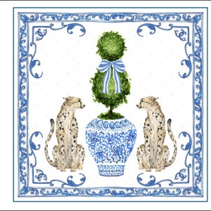 DIGITAL ART, 8X8 Chinoiserie Download, Topiary Digital, Mockingbird Florals, Chinoiserie Cheetah Digital Download, Grandmillennial, Preppy