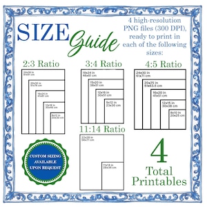 May include: A size guide with various print ratios and dimensions in inches and centimeters. The guide includes 2:3, 3:4, 4:5, and 11:14 ratios, with sizes ranging from 8x10 inches to 24x36 inches. The image also states that custom sizing is available.