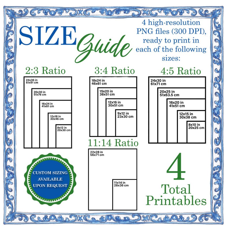 May include: A size guide with various print ratios and dimensions in inches and centimeters. The guide includes 2:3, 3:4, 4:5, and 11:14 ratios, with sizes ranging from 8x10 inches to 24x36 inches. The image also states that custom sizing is available.