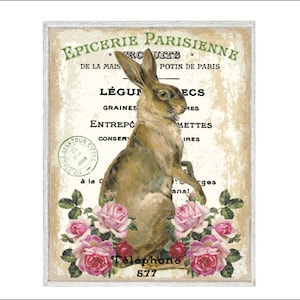 DIGITAL PRINT, Vintage Rabbit Digital, French Rabbit Download, Mockingbird Florals, Easter Bunny Digital, Easter Printable, Victorian Rabbit
