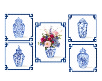 DIGITAL ART, Chinoiserie Art Prints, Chinoiserie Digital Art, Printable Art, Mockingbird Florals, Chinoiserie Ginger Jar, Grandmillenial Art