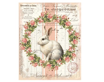 DIGITAL PRINT, Vintage Rabbit Digital, French Rabbit Download, Mockingbird Florals, Easter Bunny Digital, Easter Printable, Victorian Rabbit