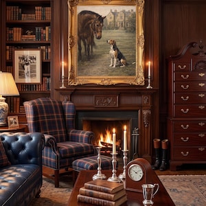 May include: A cozy living room with a fireplace, bookshelves, and a large painting of a horse and dog. The room features a blue leather sofa, plaid armchair, and a wooden coffee table with books and a clock. Candles and a warm fire add to the ambiance.