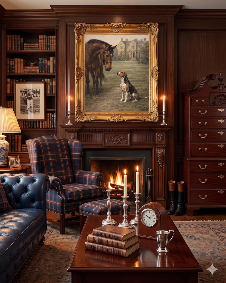 May include: A cozy living room with a fireplace, bookshelves, and a large painting of a horse and dog. The room features a blue leather sofa, plaid armchair, and a wooden coffee table with books and a clock. Candles and a warm fire add to the ambiance.