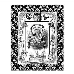 DIGITAL PRINT, Alice in Wonderland, Black and White Damask, Mockingbird Florals, Black and White Alice in Wonderland, Nursery Art