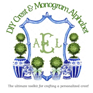 Peut inclure: Une conception à l'aquarelle avec un blason bleu et vert avec le texte "DIY Crest & Monogram Alphabet". Le blason comprend les lettres "AEL" en vert, des arbres taillés et des vases bleus et blancs. Le texte "The ultimate toolkit for crafting a personalized crest!" est en bas.