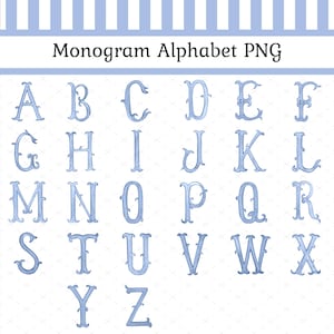 Może przedstawiać: Pełny alfabet ozdobnych, jasnoniebieskich liter, każda z unikalnym zdobieniem, jest wyświetlany na białym tle. Tekst "Monogram Alphabet PNG" znajduje się na górze. Projekt nadaje się do spersonalizowanych artykułów papierniczych lub projektów graficznych.