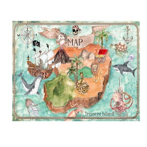 ART NUMÉRIQUE, carte de l'île au trésor 14 x 11, carte numérique de pirate, carte imprimable, fleurs moqueurs, art enfant, art salle de jeux, art chambre d'enfant