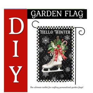 May include: A decorative garden flag with a black background and a white ice skate design. The flag has the words "HELLO WINTER" and "GARDEN FLAG" printed on it. The flag is decorated with snowflakes and a floral arrangement.