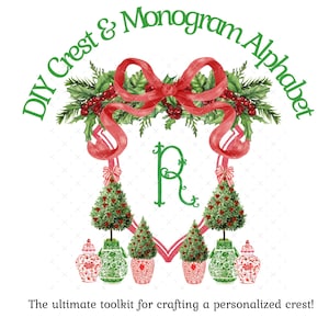 Peut inclure: Un design de blason décoratif avec le texte "DIY Crest & Monogram Alphabet". Il présente un nœud rouge, du houx et la lettre verte "R". En dessous, des sapins de Noël et des vases décoratifs. Le texte en bas se lit : "Le kit d'outils ultime pour créer un blason personnalisé !"
