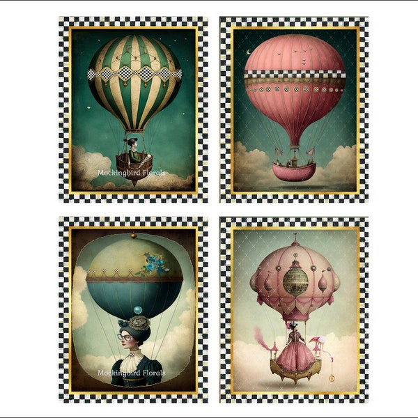 DIGITAL PRINT, Set of 4 8X10 Art Prints, French Hot Air Balloons Digital, Mockingbird Florals, Vintage Hot Air Balloons, Steampunk Art