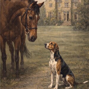 May include: A detailed painting depicts a brown horse with a bridle and a tri-color dog in a field. A large, yellow-toned house is in the background. The dog is looking up at the horse. The scene is set in a grassy field.