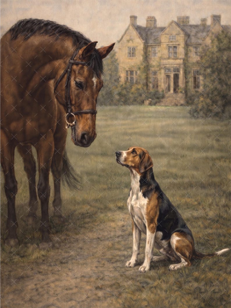May include: A detailed painting depicts a brown horse with a bridle and a tri-color dog in a field. A large, yellow-toned house is in the background. The dog is looking up at the horse. The scene is set in a grassy field.