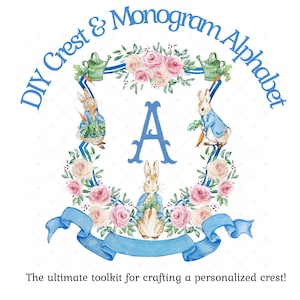 May include: A watercolor design featuring the letter "A" in blue, surrounded by a floral wreath of pink roses and greenery. The design includes illustrations of rabbits in blue jackets, watering cans, and a blue ribbon banner. Text reads "DIY Crest & Monogram Alphabet".