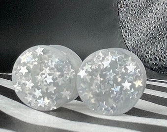 Handmade Starry Silicone Plugs: Silver Glitter Gauges, Custom Double Flare