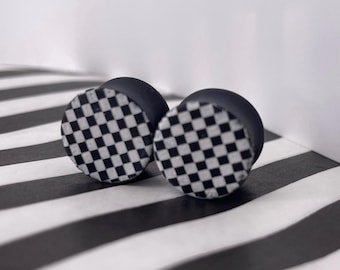 Black and white checkerboard silicone plugs for emo, goth, friend, birthday gift, handmade alternative gauges for stretched ears.