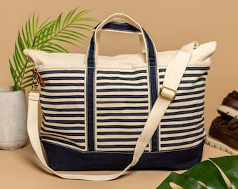 Tag&Crew Ventura Weekender Striped Duffel, Heavy Canvas Overnight Bag with Detachable Shoulder Strap